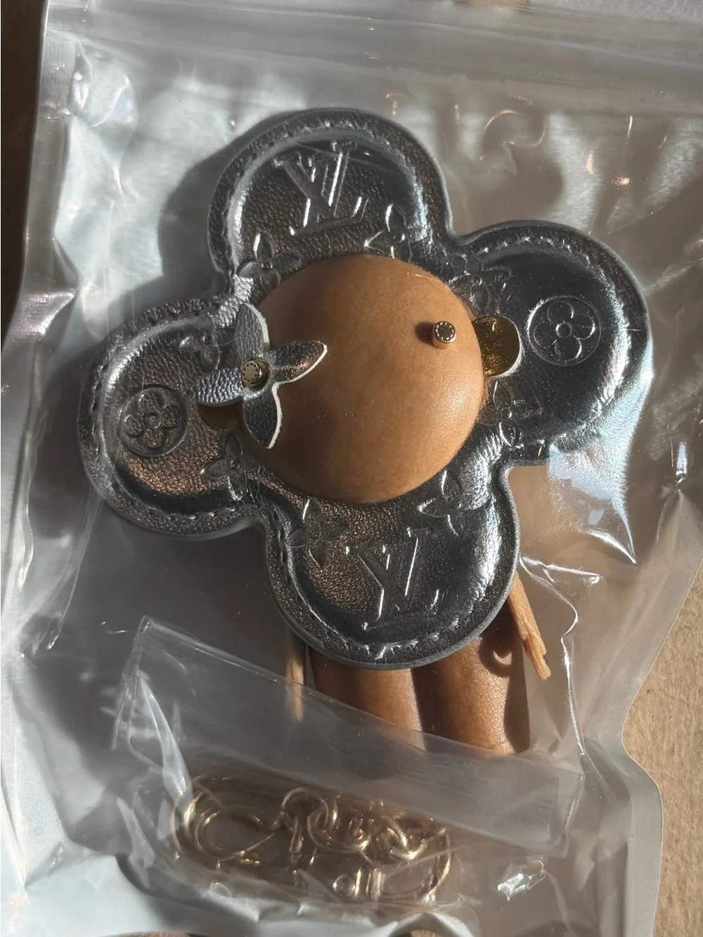 Silver and Tan Monogram Flower Key Holder Charm